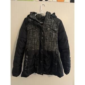 COOGI Womens L Black Tweed Puffer Jacket Faux Leather Hooded Coat